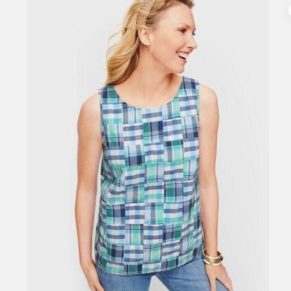 Talbots Patchwork Button Back Tank Top Blue Madra… - image 1